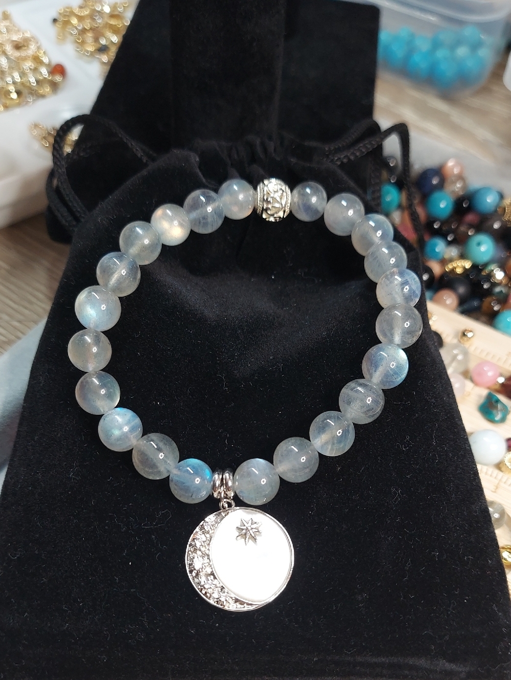 Silvery Blue Laboradorite Beaded Stretch Bracelet with Crescent Star Charm